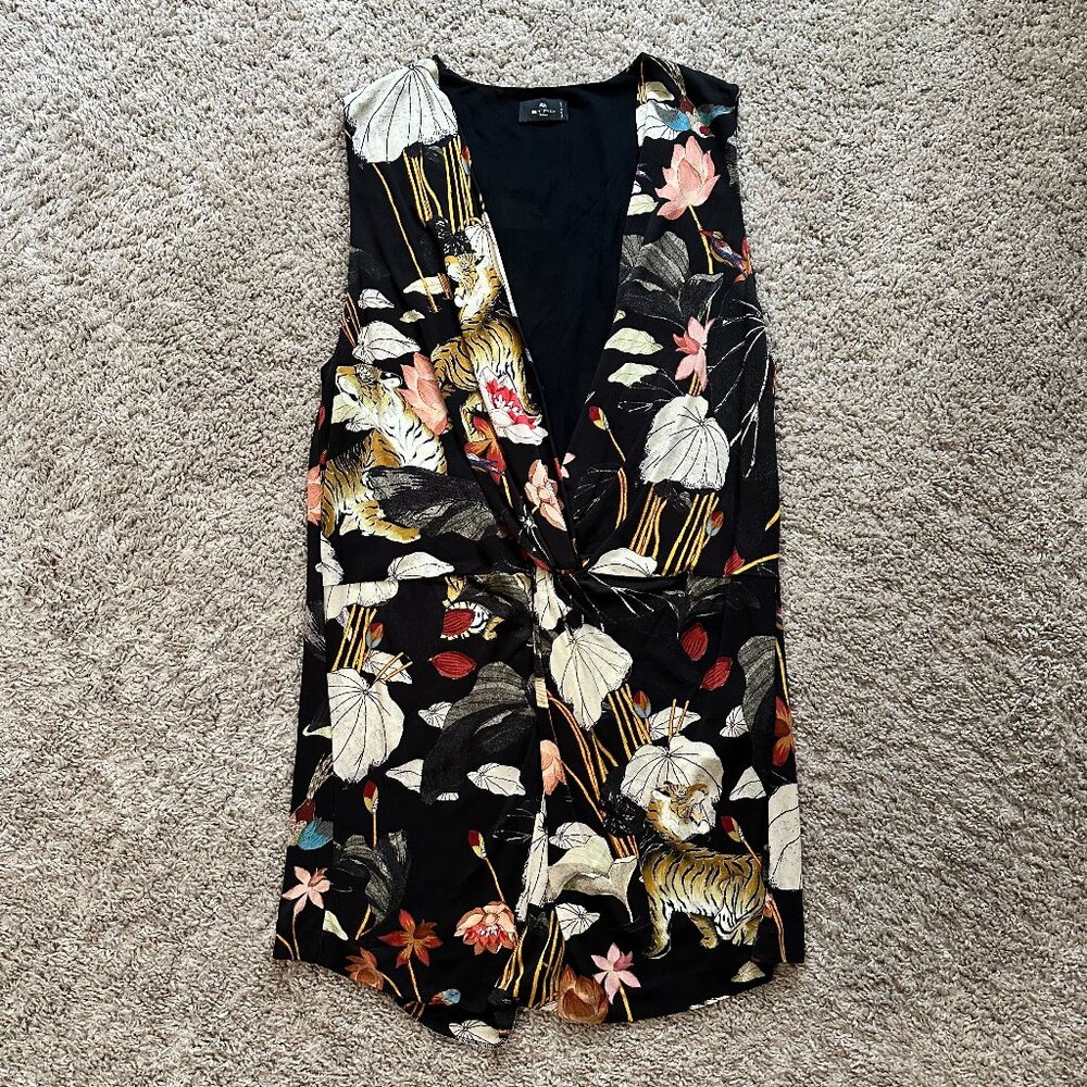 Etro Black Floral Tiger Print Sleeveless Silk Tunic Blouse Size IT48/US12